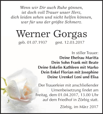 Traueranzeige von Werner Gorgas von WVG - Wochenspiegel Bitterfeld