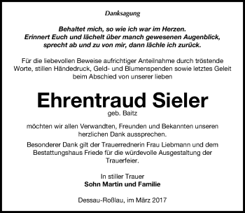 Traueranzeige von Ehrentraud Sieler von Mitteldeutsche Zeitung Dessau-Roßlau