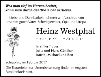 Traueranzeige von Heinz Westphal von Mitteldeutsche Zeitung Merseburg/Querfurt