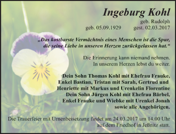 Traueranzeige von Ingeburg Kohl von Mitteldeutsche Zeitung Bitterfeld