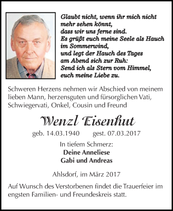 Traueranzeige von Wenzl Eisenhut von Super Sonntag SGH Mansf. Land