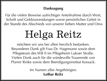 Traueranzeige von Helga Reitz von Mitteldeutsche Zeitung Dessau-Roßlau
