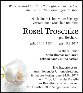 Traueranzeige von Rosel Troschke von Super Sonntag SGH Mansf. Land
