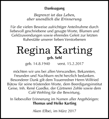 Traueranzeige von Regina Karting von Mitteldeutsche Zeitung Köthen
