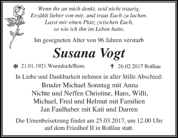Traueranzeige von Susana Vogt von WVG - Wochenspiegel Dessau / Köthen