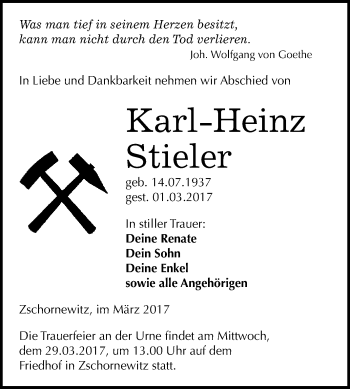 Traueranzeige von Karl-Heinz Stieler von Super Sonntag Wittenberg