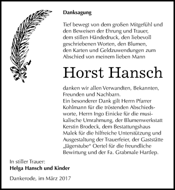 Traueranzeige von Horst Hansch von Mitteldeutsche Zeitung Quedlinburg