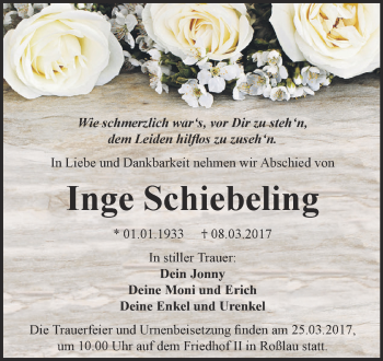 Traueranzeige von Inge Schiebeling von WVG - Wochenspiegel Dessau / Köthen