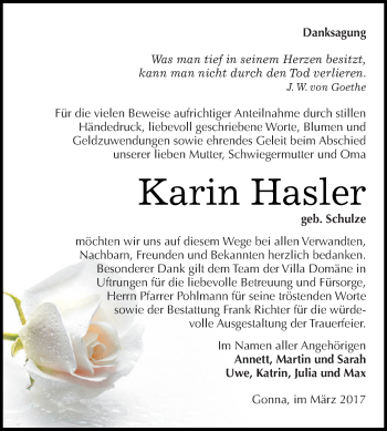 Traueranzeige von Karin Hasler von Super Sonntag SGH Mansf. Land