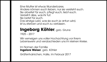 Traueranzeige von Ingeborg Köhler von Mitteldeutsche Zeitung Wittenberg