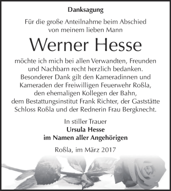 Traueranzeige von Werner Hesse von Super Sonntag SGH Mansf. Land