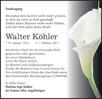 Traueranzeige von Walter Köhler von Mitteldeutsche Zeitung Weißenfels