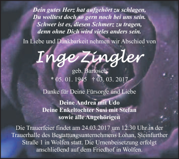 Traueranzeige von Inge Zingler von WVG - Wochenspiegel Bitterfeld