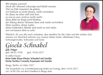 Traueranzeige von Gisela Schnabel von Super Sonntag SGH Mansf. Land
