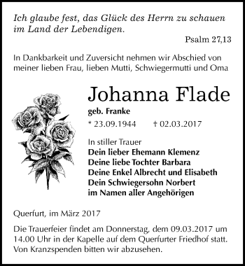 Traueranzeige von Johanna Flade von Mitteldeutsche Zeitung Merseburg/Querfurt