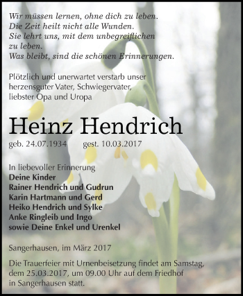 Traueranzeige von Heinz Hendrich von Super Sonntag SGH Mansf. Land
