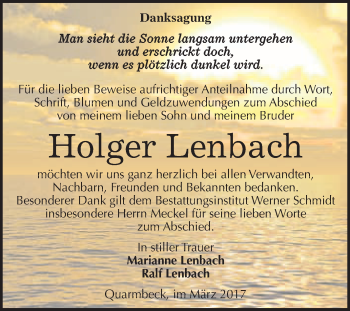 Traueranzeige von Holger Lenbach von Super Sonntag Quedlinburg