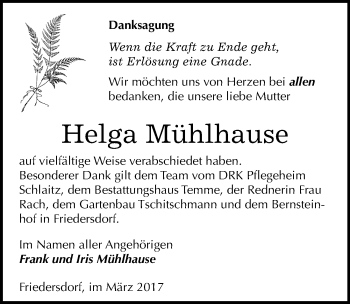 Traueranzeige von Helga Mühlhause von Mitteldeutsche Zeitung Bitterfeld