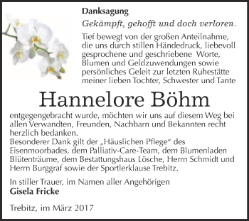 Traueranzeige von Hannelore Böhm von Super Sonntag Wittenberg