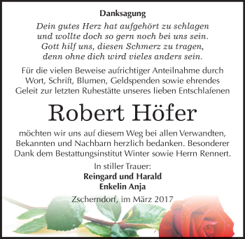 Traueranzeige von Robert Höfer von Mitteldeutsche Zeitung Bitterfeld