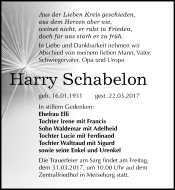 Traueranzeige von Harry Schabelon von Mitteldeutsche Zeitung Merseburg/Querfurt