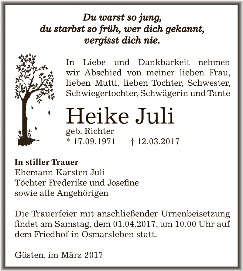  Traueranzeige für Heike Juli vom 25.03.2017 aus Super Sonntag Bernburg