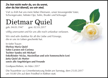 Traueranzeige von Dietmar Quiel von WVG - Wochenspiegel Dessau / Köthen