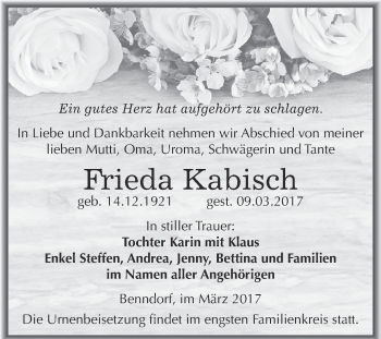 Traueranzeige von Frieda Kabisch von Super Sonntag SGH Mansf. Land
