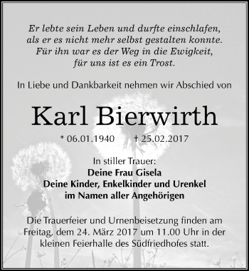 Traueranzeige von Karl Bierwirth von Mitteldeutsche Zeitung Halle/Saalkreis