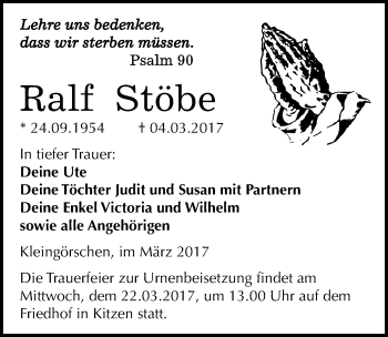 Traueranzeige von Ralf Stöbe von Mitteldeutsche Zeitung Weißenfels