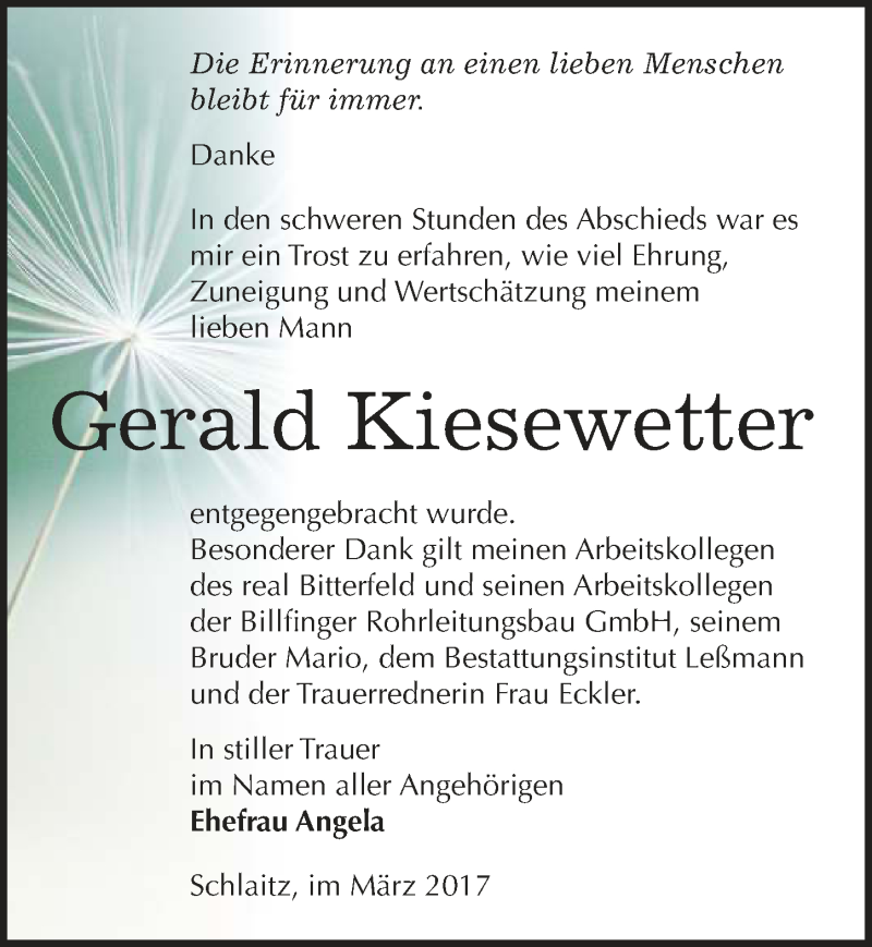  Traueranzeige für Gerald Kiesewetter vom 04.03.2017 aus Mitteldeutsche Zeitung Bitterfeld