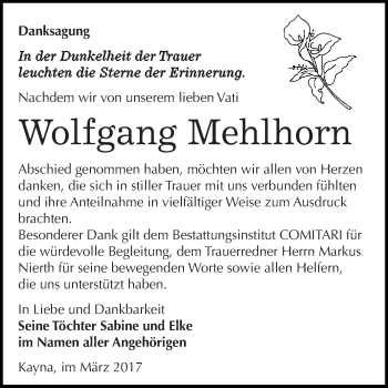 Traueranzeige von Wolfgang Mehlhorn von Super Sonntag Zeitz