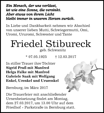 Traueranzeige von Friedel Stibureck von Mitteldeutsche Zeitung Bernburg