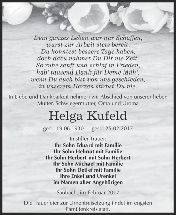 Traueranzeige von Helga Kufeld von WVG - Wochenspiegel NMB / WSF / ZTZ