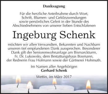 Traueranzeige von Ingeburg Schenk von Mitteldeutsche Zeitung Halle/Saalkreis