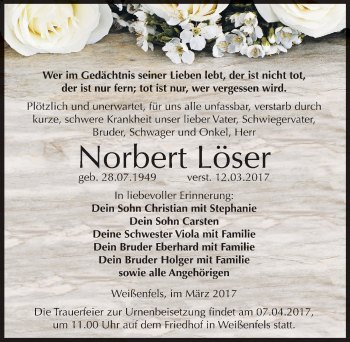 Traueranzeige von Norbert Löser von Mitteldeutsche Zeitung Weißenfels