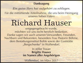 Traueranzeige von Richard Hauser von Mitteldeutsche Zeitung Merseburg/Querfurt