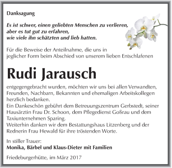 Traueranzeige von Rudi Jarausch von Mitteldeutsche Zeitung Mansfelder Land