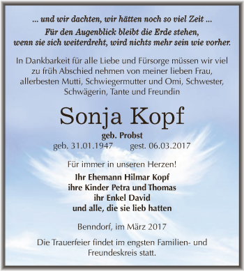 Traueranzeige von Sonja Kopf von Super Sonntag SGH Mansf. Land