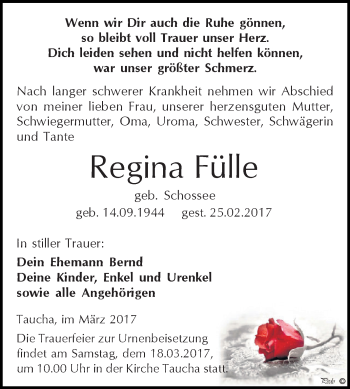 Traueranzeige von Regina Fülle von WVG - Wochenspiegel NMB / WSF / ZTZ