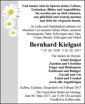 Traueranzeige von Bernhard Kielgast von Super Sonntag SGH Mansf. Land