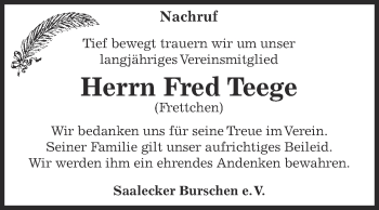 Traueranzeige von Fred Teege von WVG - Wochenspiegel NMB / WSF / ZTZ