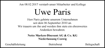 Traueranzeige von Uwe Paris von Mitteldeutsche Zeitung Halle/Saalkreis