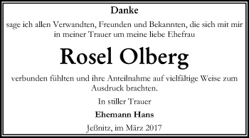 Traueranzeige von Rosel Olberg von WVG - Wochenspiegel Bitterfeld