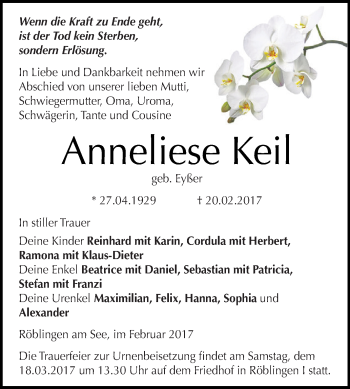 Traueranzeige von Anneliese Keil von Super Sonntag SGH Mansf. Land