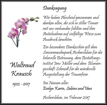 Traueranzeige von Waltraud Krausch von Mitteldeutsche Zeitung Aschersleben
