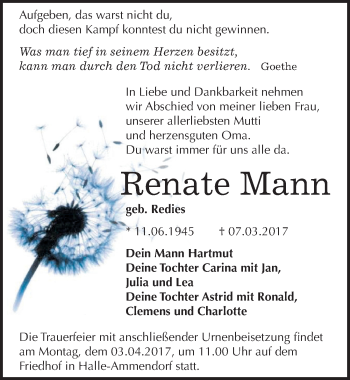 Traueranzeige von Renate Mann von Mitteldeutsche Zeitung Halle/Saalkreis