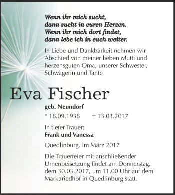 Traueranzeige von Eva Fischer von Super Sonntag Quedlinburg