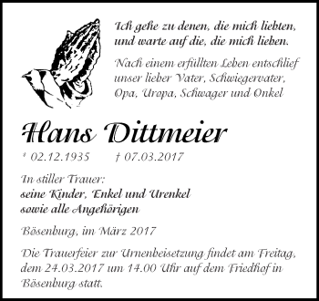 Traueranzeige von Hans Dittmeier von Super Sonntag SGH Mansf. Land
