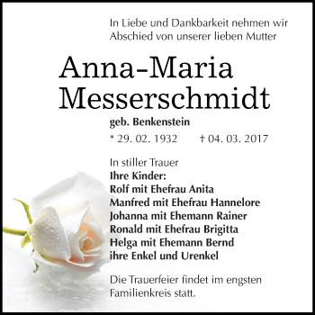 Traueranzeige von Anna-Maria Messerschmidt von Super Sonntag SGH Mansf. Land